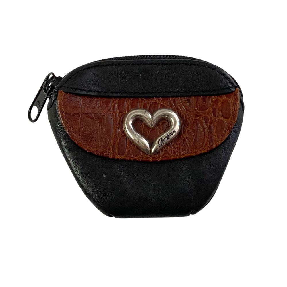 Brighton Coin Purse Black Brown Croc Embossed Heart Mini Wallet Zip Pouch